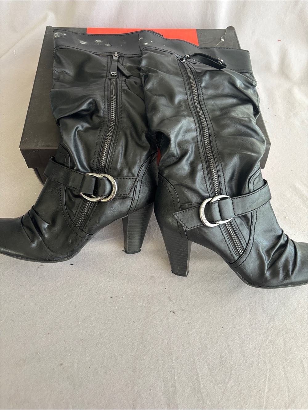 G by Guess Black Mid-Calf Heeled Boots with Buckle Accents